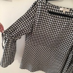 Gingham long, open, bell sleeved top- LOFT
